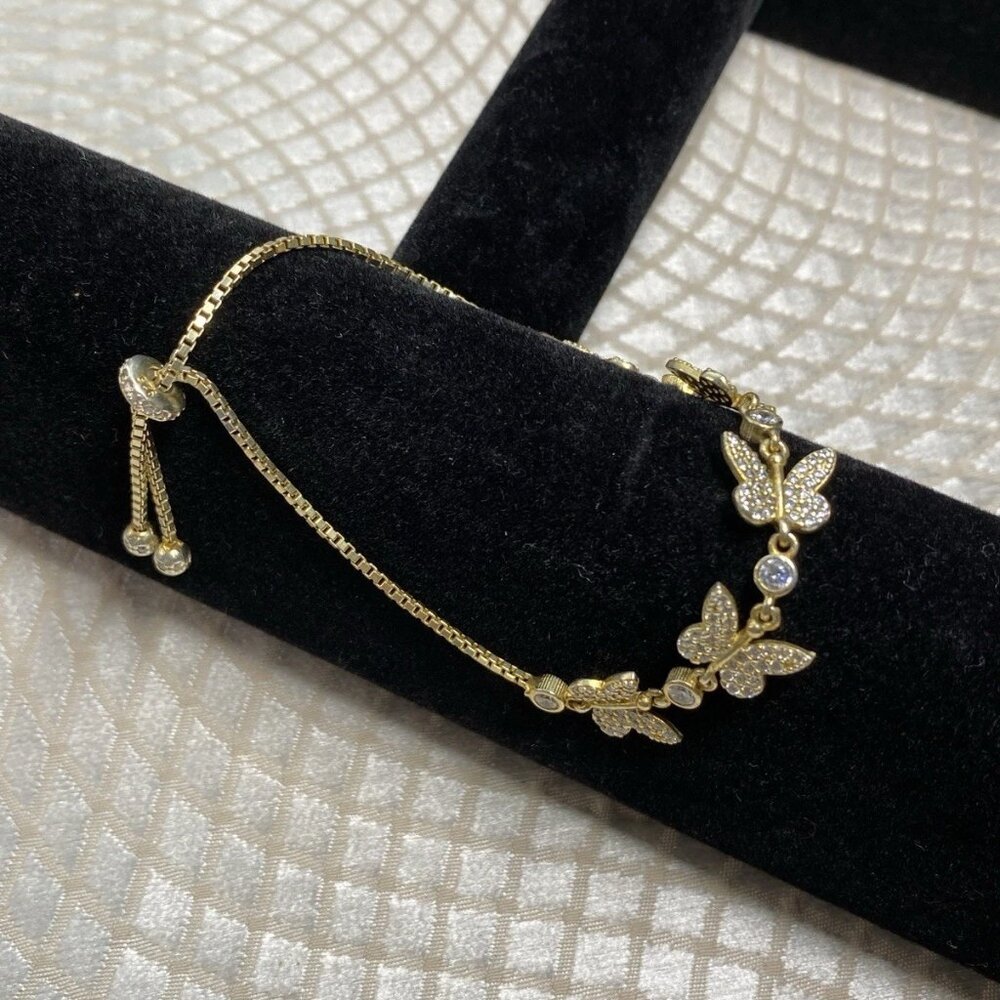 Sterling Silver 925 Gold Tone Butterfly CZ Adjustable Bolo Bracelet 9.39g